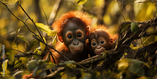 squirrel in the forest  Adorable Baby Orangutan Clinging to Mother Warm hearts with the tender sight of a baby orangutan clinging tightly to its mother s back as they navigate the dense foliage of the