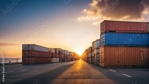 Row of cargo containers in the port