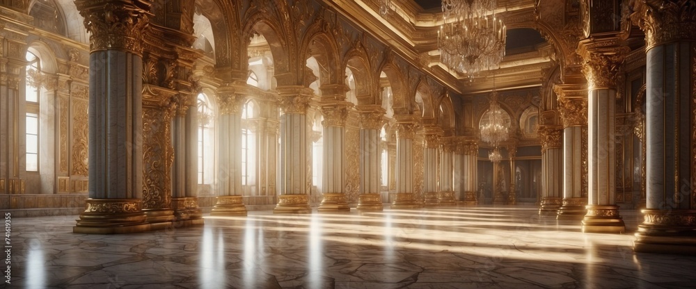 Grand ceremonial hall in a palace with many columns and arches, glossy vintage floor - obrazy, fototapety, plakaty 