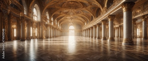 Grand ceremonial hall in a palace with many columns and arches  glossy vintage floor