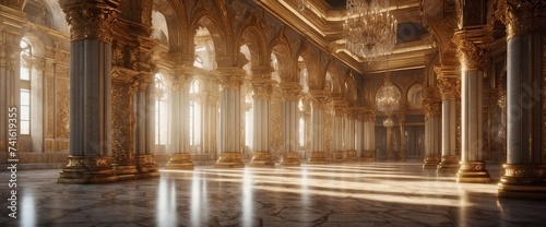Grand ceremonial hall in a palace with many columns and arches  glossy vintage floor