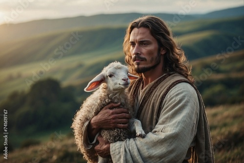 Man with long hair in ancient clothing, holding a lamb in his arms