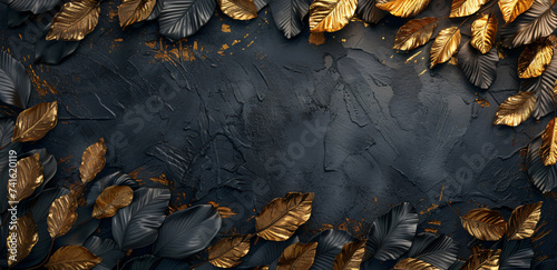 black and gold leaves on the screen, in the style of detailed feather rendering, romantic illustrations, photorealistic compositions, tropical symbolism, dark gray and bronze, poster, poetic elegance