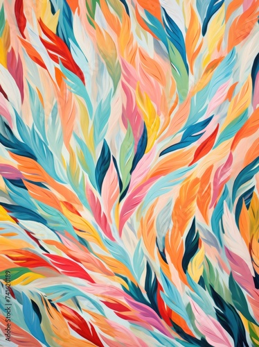 An art print featuring a collection of colorful feathers painted against a clean white background, creating a striking and eye-catching composition.