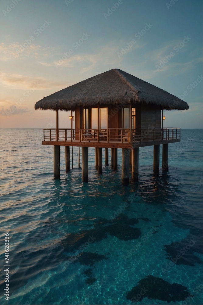 Stilt house in the middle of the ocean, purple and blue color palette, tranquil atmosphere