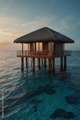 Stilt house in the middle of the ocean, purple and blue color palette, tranquil atmosphere