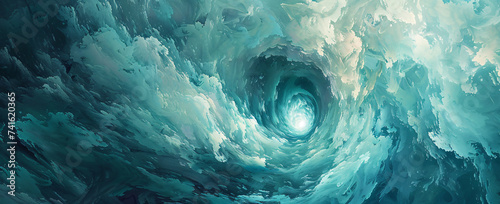 blue and green swirling swirl of water, in the style of light gray and violet, soft, dreamlike brushstrokes, light maroon and light aquamarine, shaped canvas, atmospheric clouds, soft-edged, minimalis