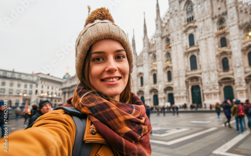 Exploring Milan's Charms: Witness the Excitement of a Native Woman's Erasmus Journey as She Documents Her Travels with a Backpack in a Cultural Selfie Adventure in Milan.