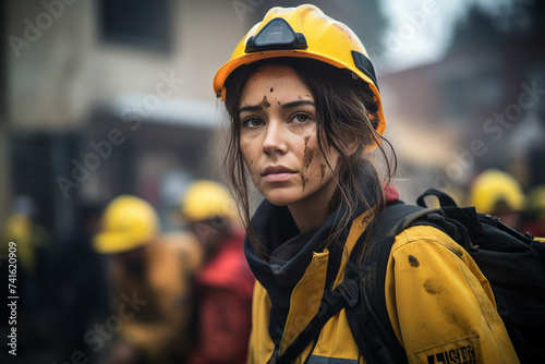 Generative AI image of a determined female rescue worker in action wearing helmet