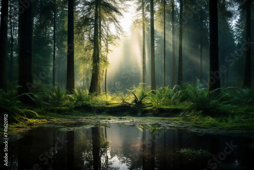 Sunlight in the morning green misty European forest made with generative AI