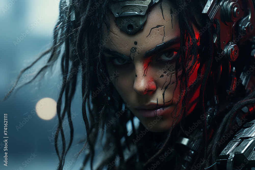 A fictitious image of woman in cyberpunk attire futuristic high tech generative AI A fictitious image of woman in cyberpunk attire futuristic high tech generative AI