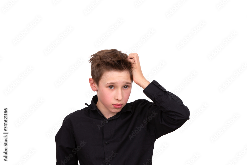 I have no idea. Portrait of a confused boy, feeling insecure, not knowing the answer. Thoughtful teenager touches his head with his hand, white background with a space to copy I have no idea. Portrait of a confused boy, feeling insecure, not knowing the answer. Thoughtful teenager touches his head with his hand, white background with a space to copy