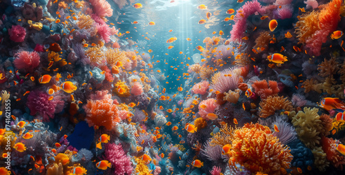 coral reef in the sea, Colorful Coral Reef Teeming with Life Transport your audience to a vibrant underwater world with an image of a coral reef bustling with colorful fish, swaying sea anemones, and 