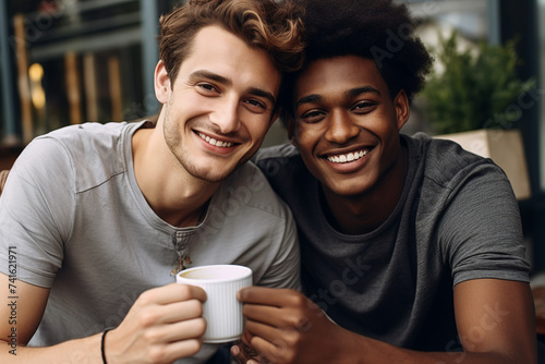 Generative AI photography of young businessman or cafe owner in cafeteria