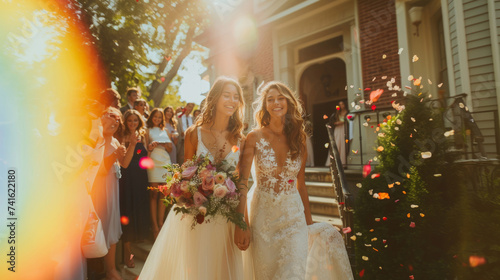 Candid shot of two female lesbian LGBT brides walking down the stairs during their wedding ceremony photo