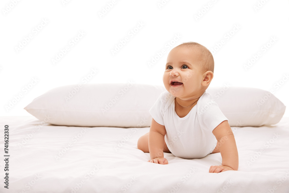 Smiling, positive, adorable little girl, baby, toddler lying on bed, looking upwards against white background. Concept of childhood and family, care, motherhood, infancy and heath Smiling, positive, adorable little girl, baby, toddler lying on bed, looking upwards against white background. Concept of childhood and family, care, motherhood, infancy and heath