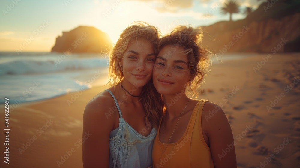 Fototapeta premium Smile, love lesbian black couple women bonding at beach or sea in summer.