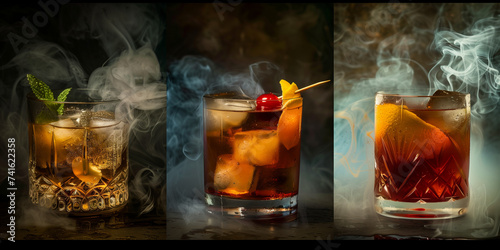three whisky and rum based short coctails montage in three different photo with smoke and decorated glasses by orange peel lemon cocktail cherry or mint leaf © Erzsbet
