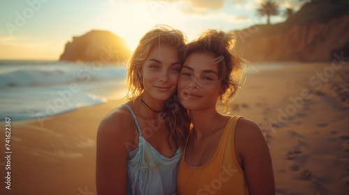 Smile  love lesbian black couple women bonding at beach or sea in summer.
