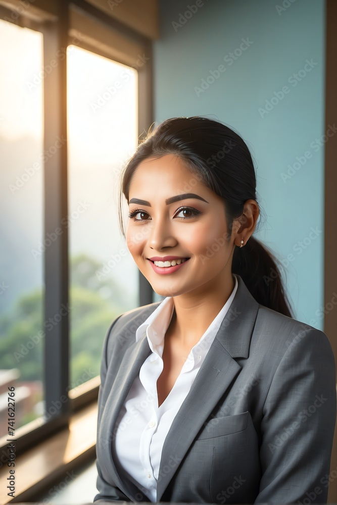 Portrait of a attractive and happy Nepalese business woman on office background with morning sunlight from Generative AI