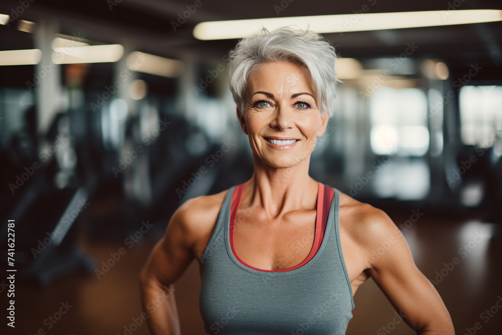 Fototapeta premium Elderly people pensioners working out in modern interior big spacious gym Generative AI illustration