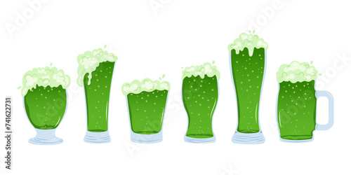 Green beer or green ale in glasses of different types. Vector cartoon beer in cups and mugs isolated on white background. St. Patrick's Day drinks. 
