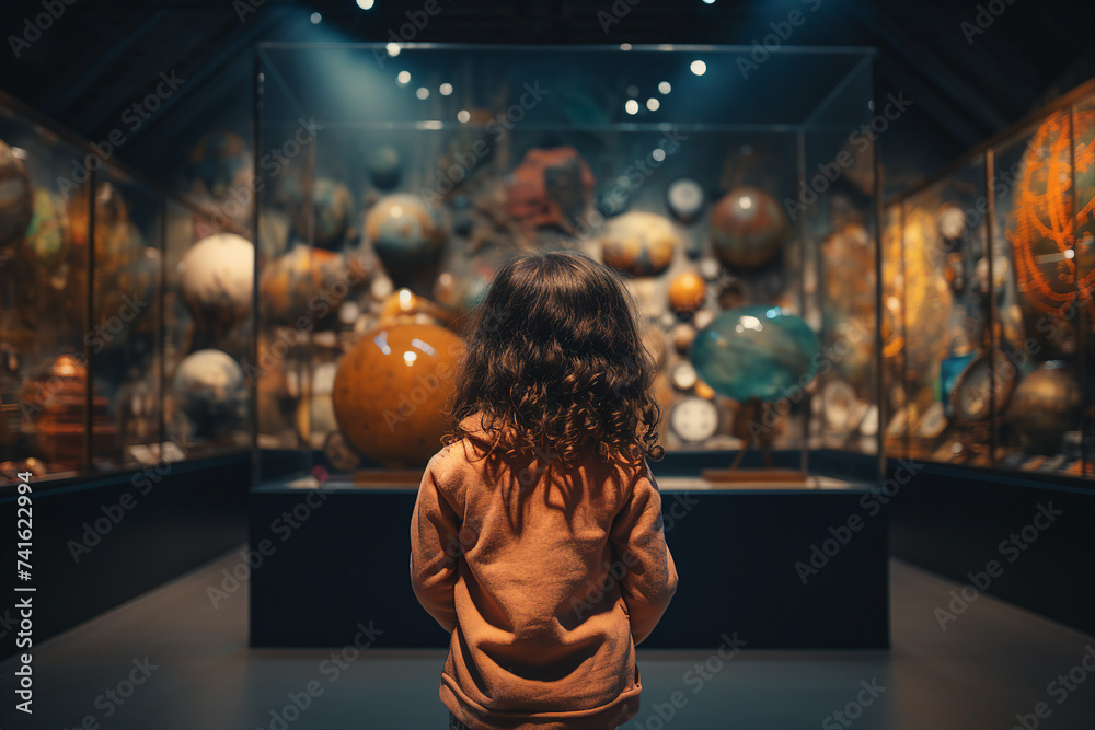 Young child looking at starfield learning space and technology generative AI