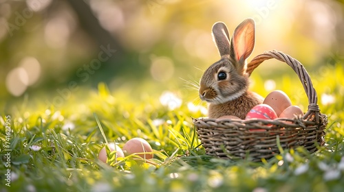 Easter eggs and bunny in a basket on the grass on a Sunny spring day close-up.