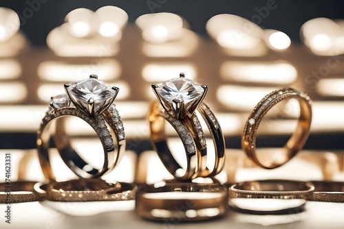 Wedding rings on display in luxury jewellery store, closeup