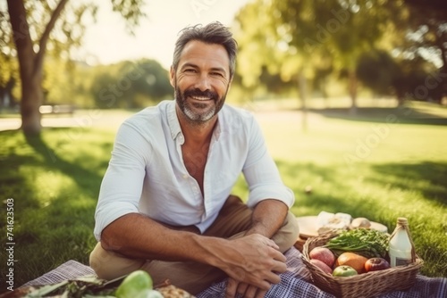 Portrait of a smiling man sitting on a picnic blanket in the park