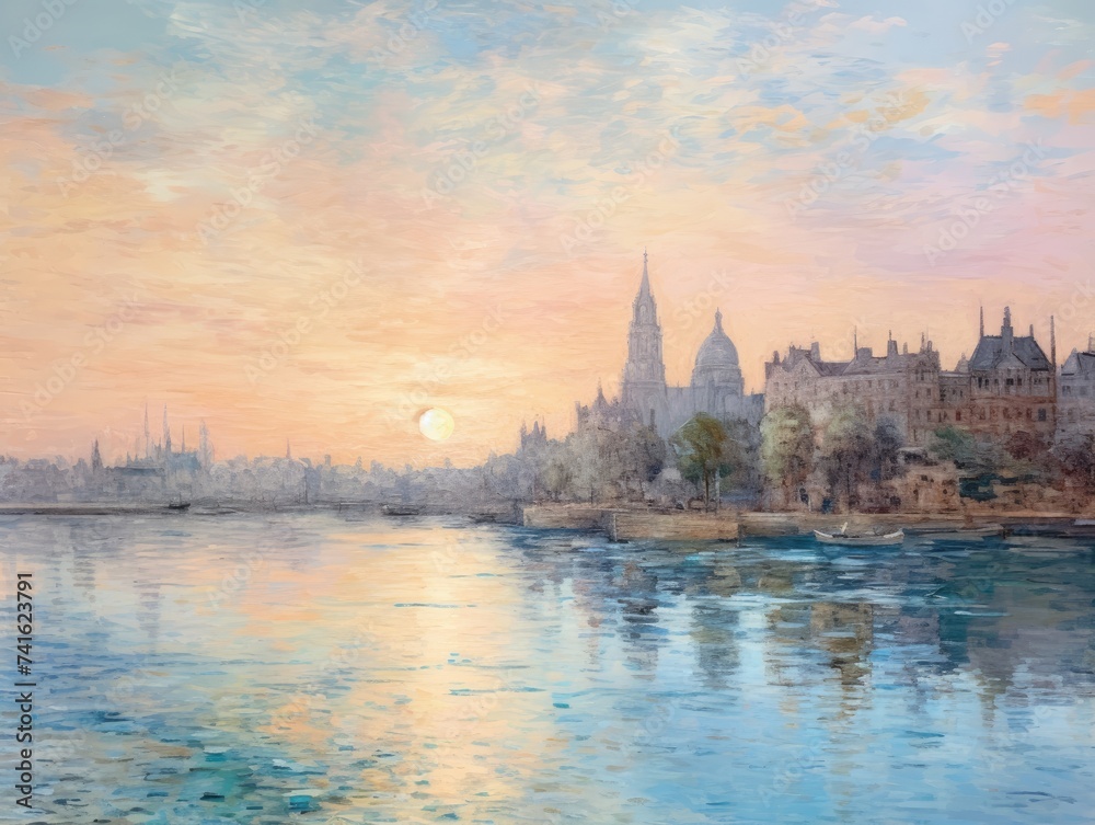 A painting depicting a cityscape mirrored on the water below, capturing the urban architecture against a watery backdrop.