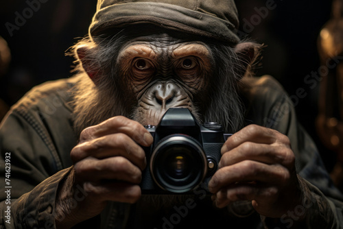 chimpanzee monkey holds a camera in his hands and takes pictures.