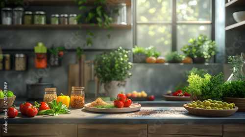 Sunlit Kitchen Counter with Fresh Produce and Herbs