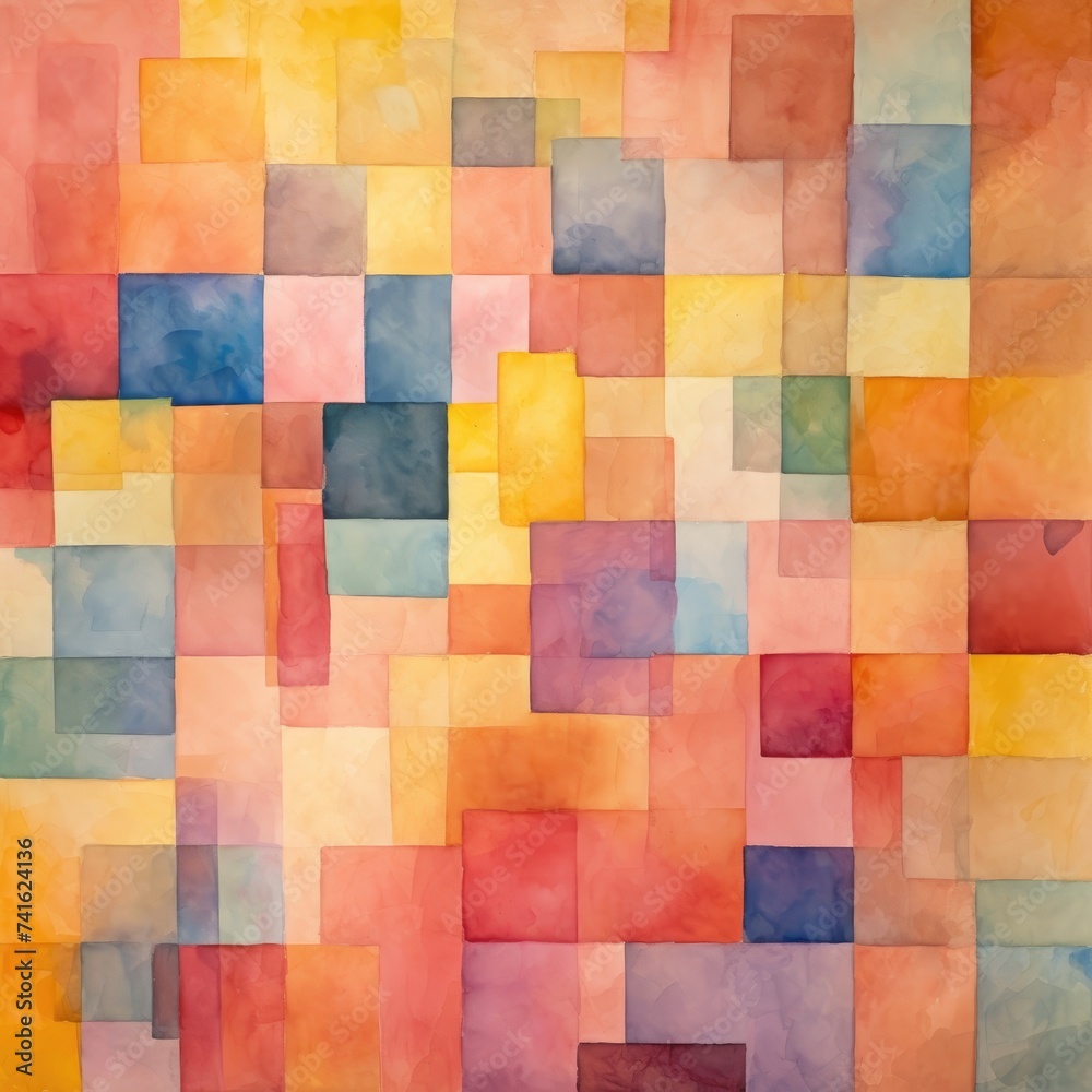 This abstract painting features a dynamic composition of squares and rectangles in varying sizes and colors, creating a visually striking and modern artwork.