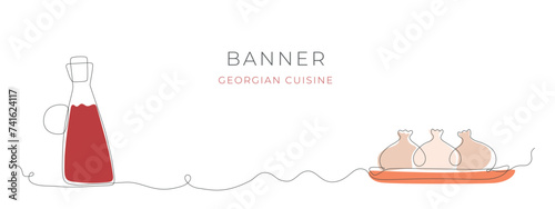Linear georgian cuisine, red wine in vessel, khinkali vector banner for menu.