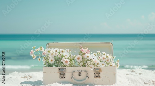 An open vintage white suitcase full of  flowers in the sand on the beach. Minimal summer concept.