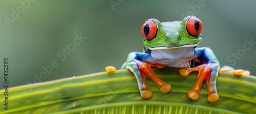 Vibrant red eyed amazon tree frog on palm leaf with copy space, ideal for text placement.