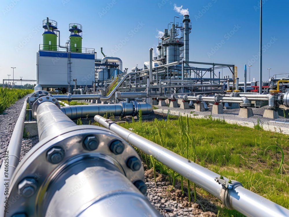 A pipeline coming from the hydrogen factory in the background, green energy production concept, professional photo