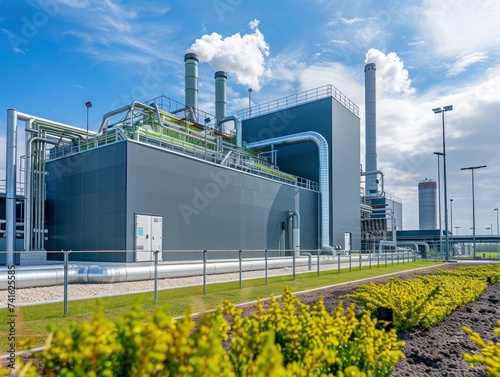 A pipeline coming from the modern ecological hydrogen factory in the background, green energy production, professional photo photo