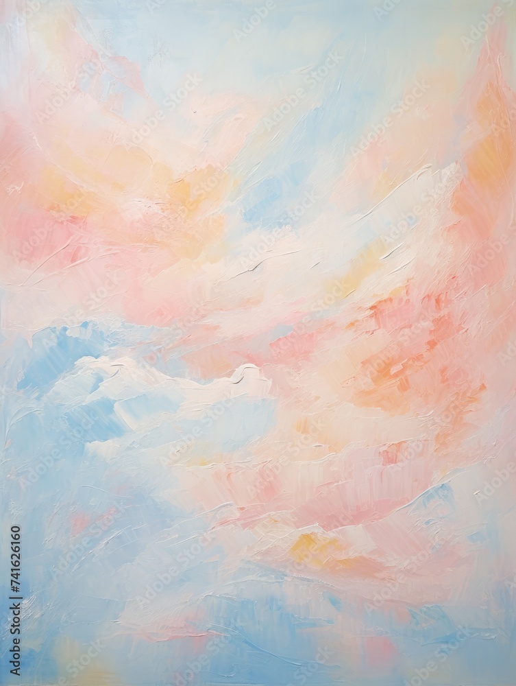 A painting depicting a sky filled with vibrant colors and clouds, showcasing a beautiful and dynamic atmospheric scene.