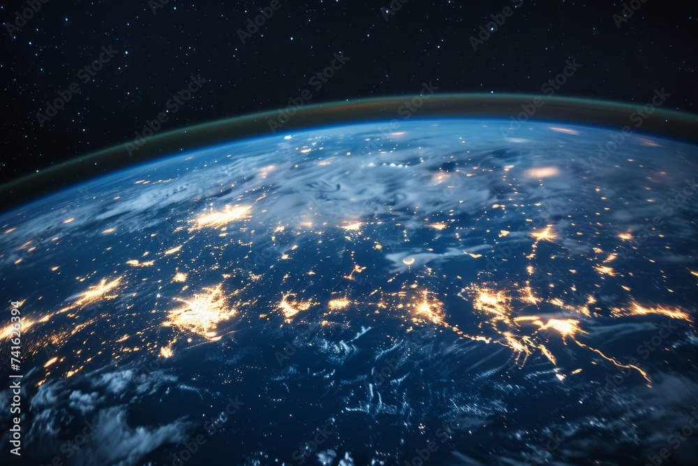 Obraz premium Top view on nightly planet earth with lights illuminated of cities from dark outer space