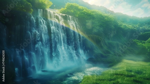 Amidst rolling hills blanketed with emerald grass, a cascading waterfall plunges into a crystal-clear pool below,