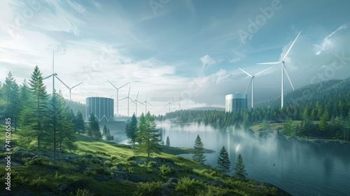 Eco friendly modern power plant with wind turbines, green energy concept, renewable energy, care for the environment, professional photo