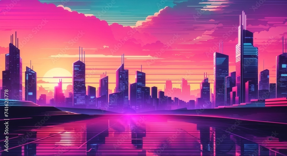 Synthwave retro city landscape background at sunset