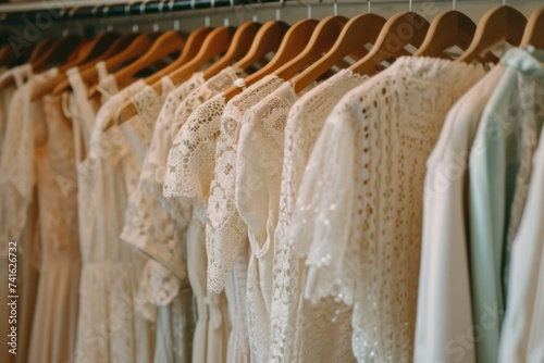 Clean, ironed dresses on a hanger in a store or at home in a light wardrobe. Clothing store concept for sale   © Sunny