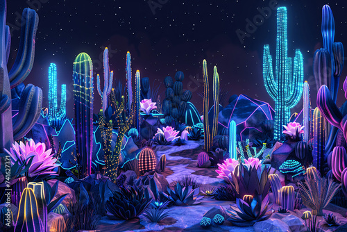  cactus, neon cactus, cyberpunk cactus, cactus in the desert, Vibrant desert cacti illuminated in a neon glow, cactus in the dark photo