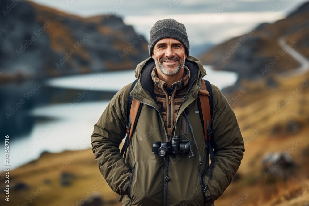 Portrait of a smiling senior man with backpack and binoculars in the mountains.