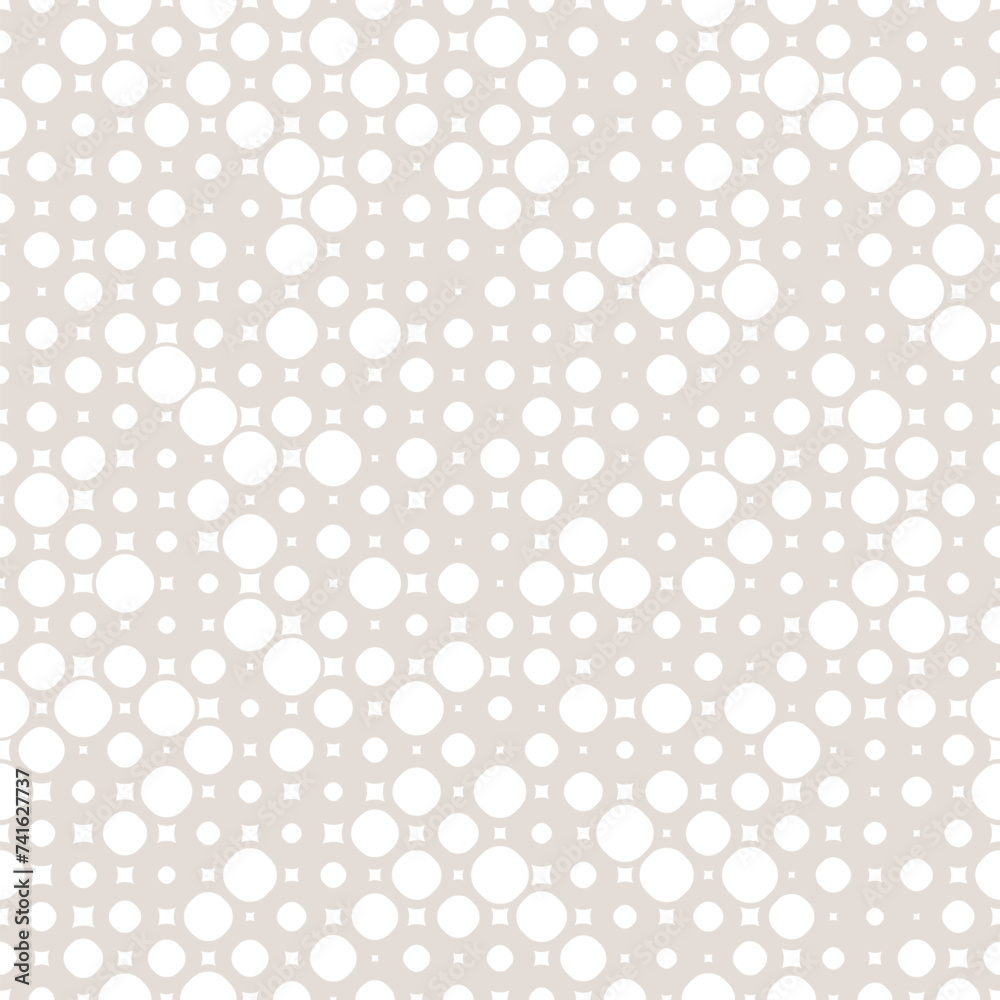 Subtle vector seamless pattern with small randomly scattered curved shapes, circles, squares, dots. Elegant modern white and beige background with halftone effect. Simple geo texture. Minimal design