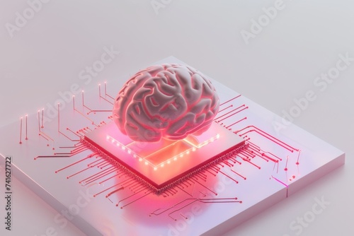 AI Brain Chip digital training. Artificial Intelligence positive thinking mind neurotransmitter pathways axon. Semiconductor visionary aspiration circuit board cloud provider photo