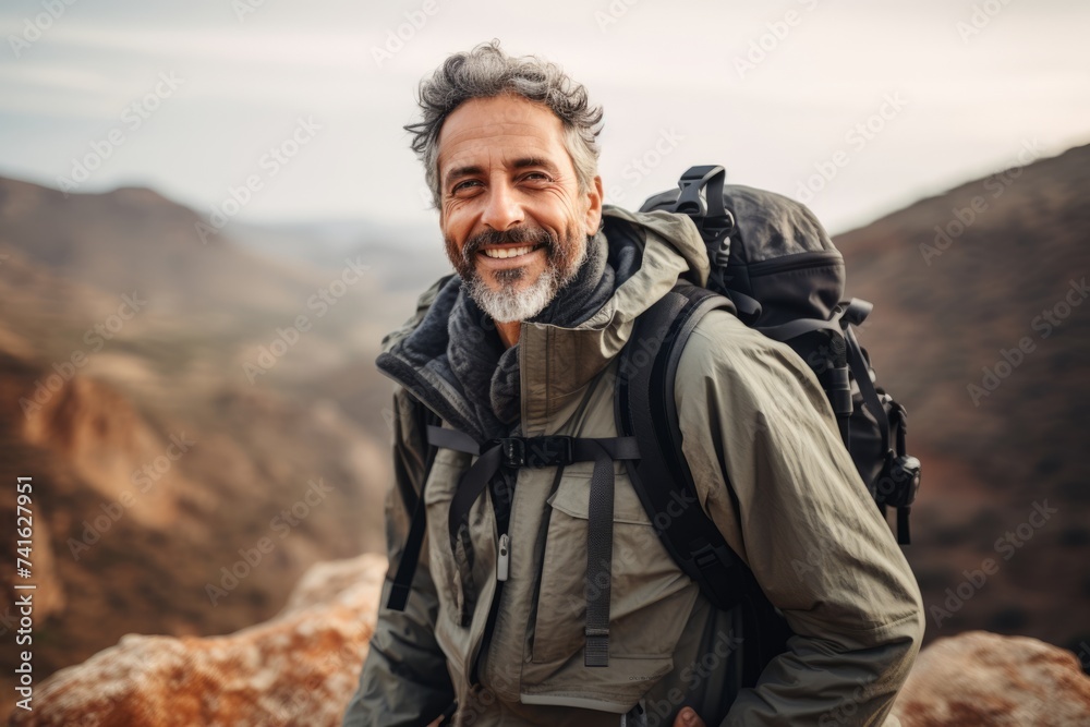 Portrait of a happy senior man with a backpack standing in the mountains.